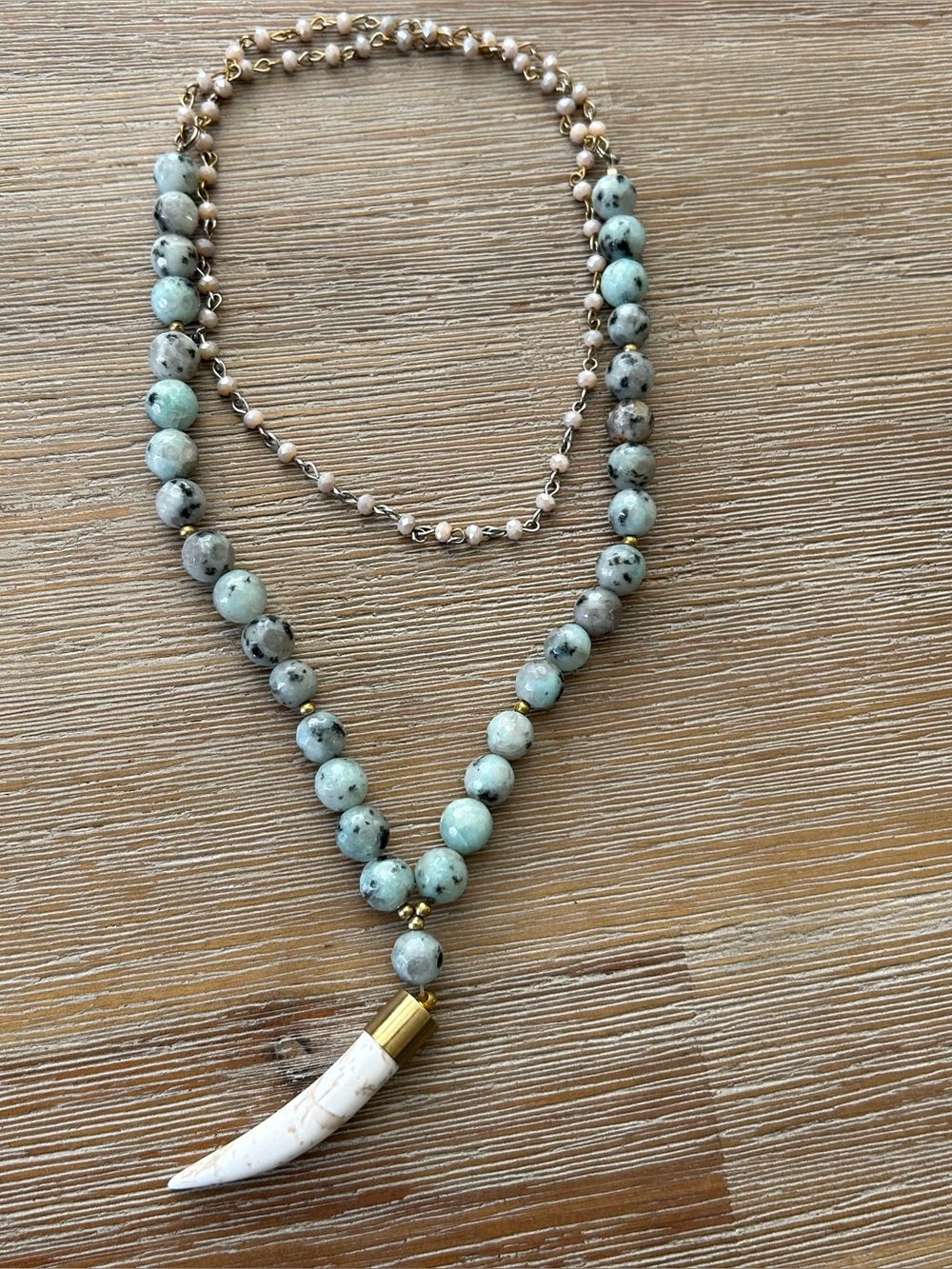 Beaded Mint Green Stone Necklace with White Horn Pendant